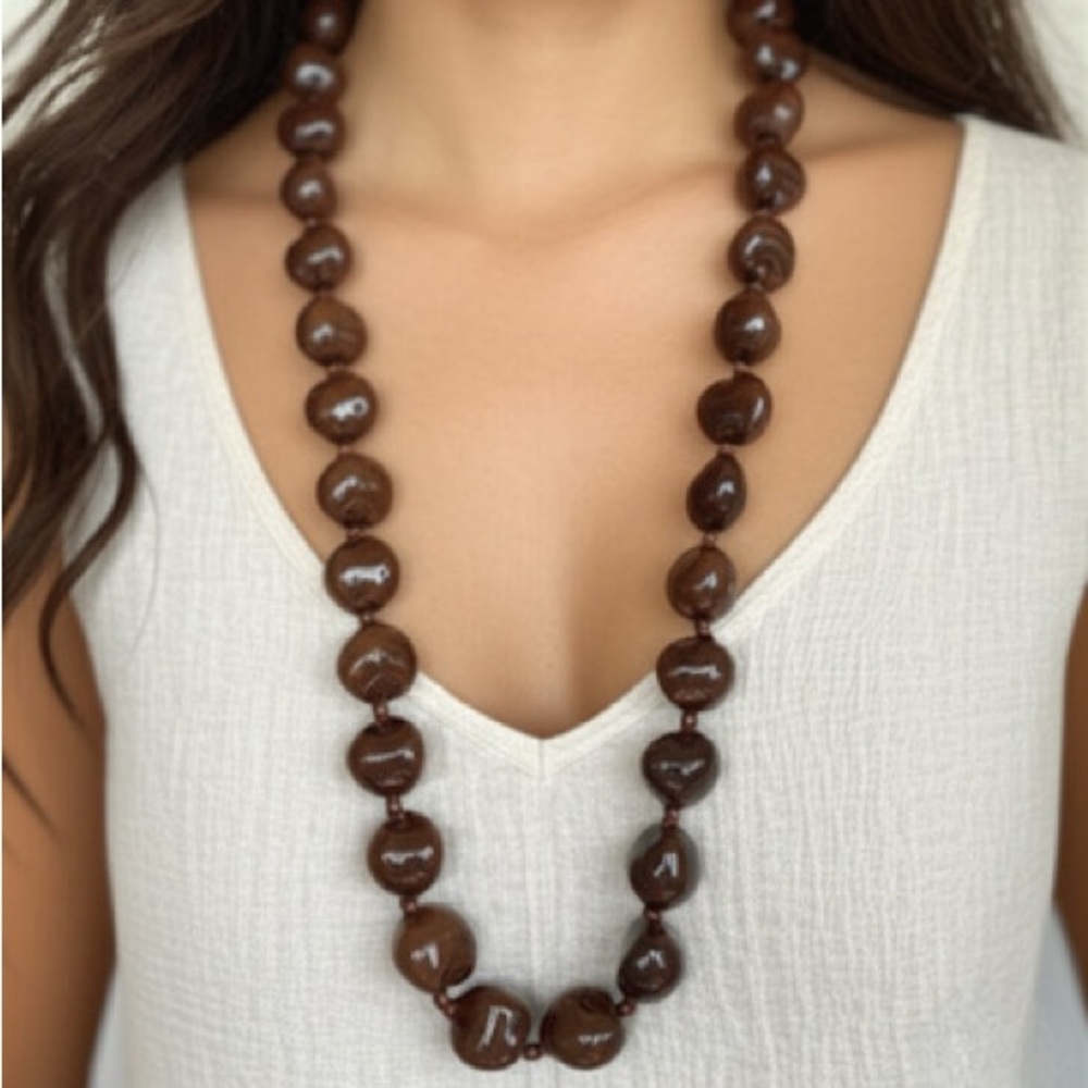 Vintage Hawaiin Brown‎ Carved “Lava” Kakui Nut Shell Lei Necklace